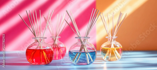 Aromatic diffuser bottles releasing pleasant fragrances in colorful room