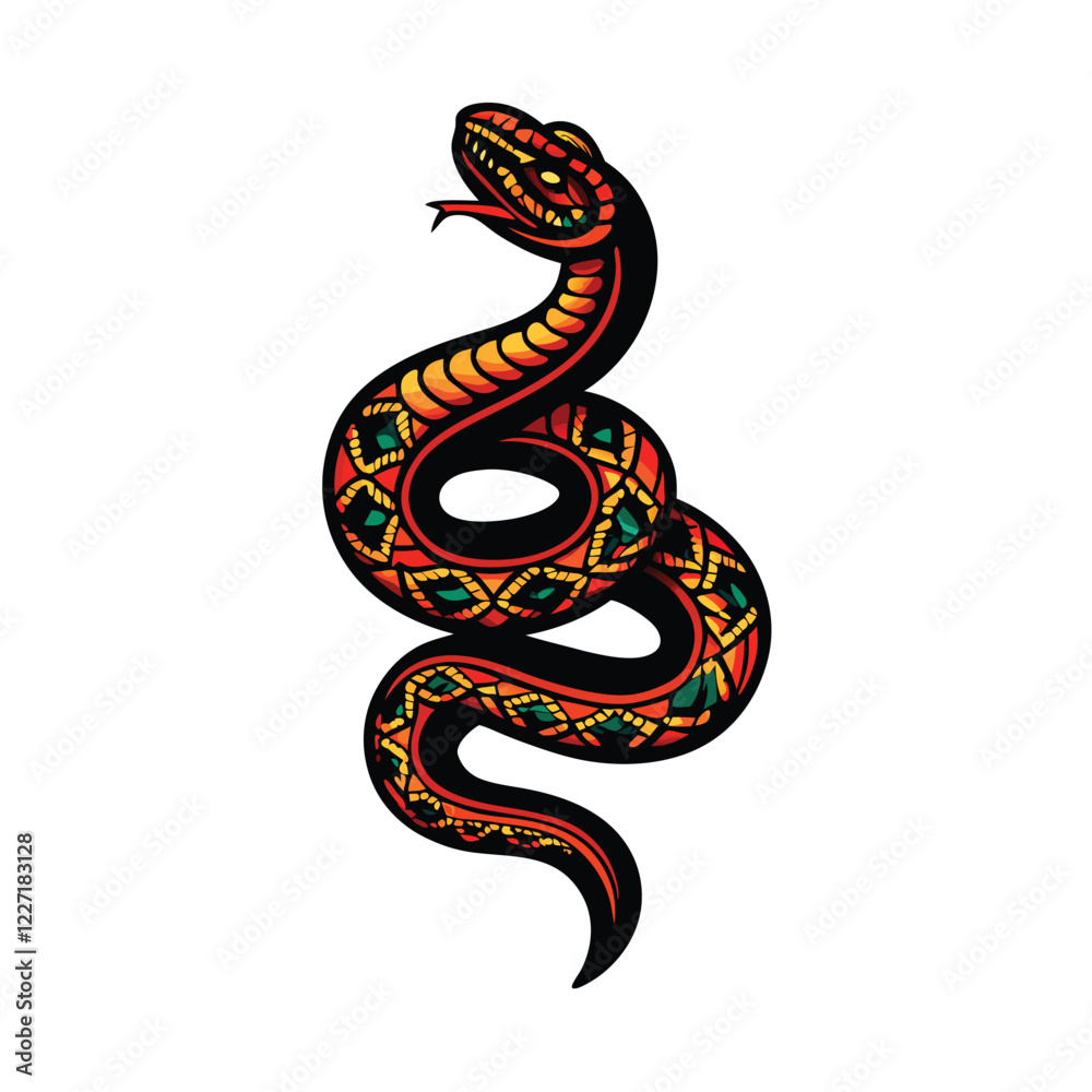 Obraz premium Design a meticulously detailed Aztec serpent coiled defensively, adorned with intricate tribal markings and vibrant, symbolic colors.