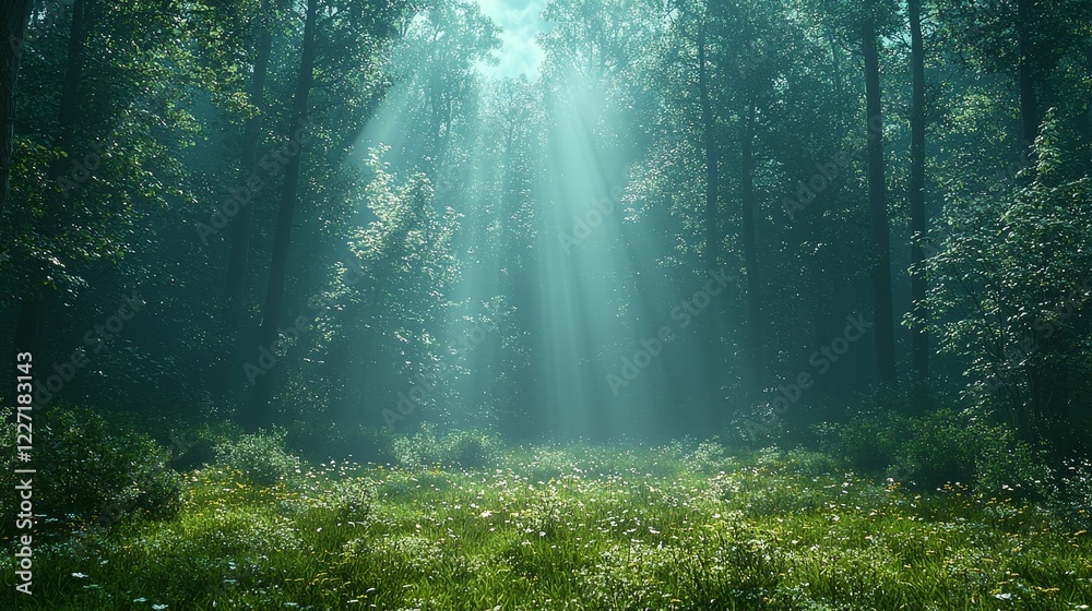 Sunlight streams through the misty forest at dawn, with nature landscape photography featuring a quiet backdrop of tranquility and serenity Sunlight streams through the misty forest at dawn, with nature landscape photography featuring a quiet backdrop of tranquility and serenity
