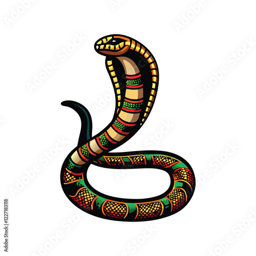 Design a detailed Aztec serpent coiled, incorporating intricate tribal markings and vibrant colors.  Show its scales and fangs clearly.