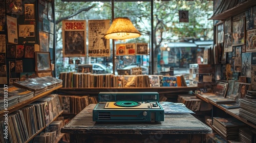 Wallpaper Mural Set against the backdrop of a warmly lit retro music room, a vintage cassette player is placed on a table. Classic rock fills the air, fostering a nostalgic environment that celebrates musical Torontodigital.ca