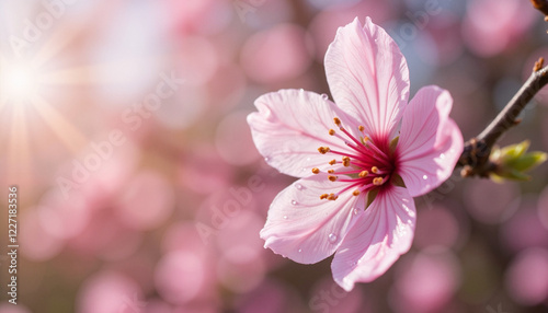 Delicate cherry blossom flower with dew drops, spring beauty