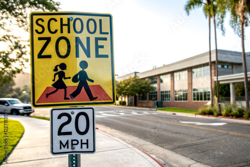 A yellow school zone sign indicates a pedestrian area for children, with a speed limit of 20 MPH, situated near a school building. photo