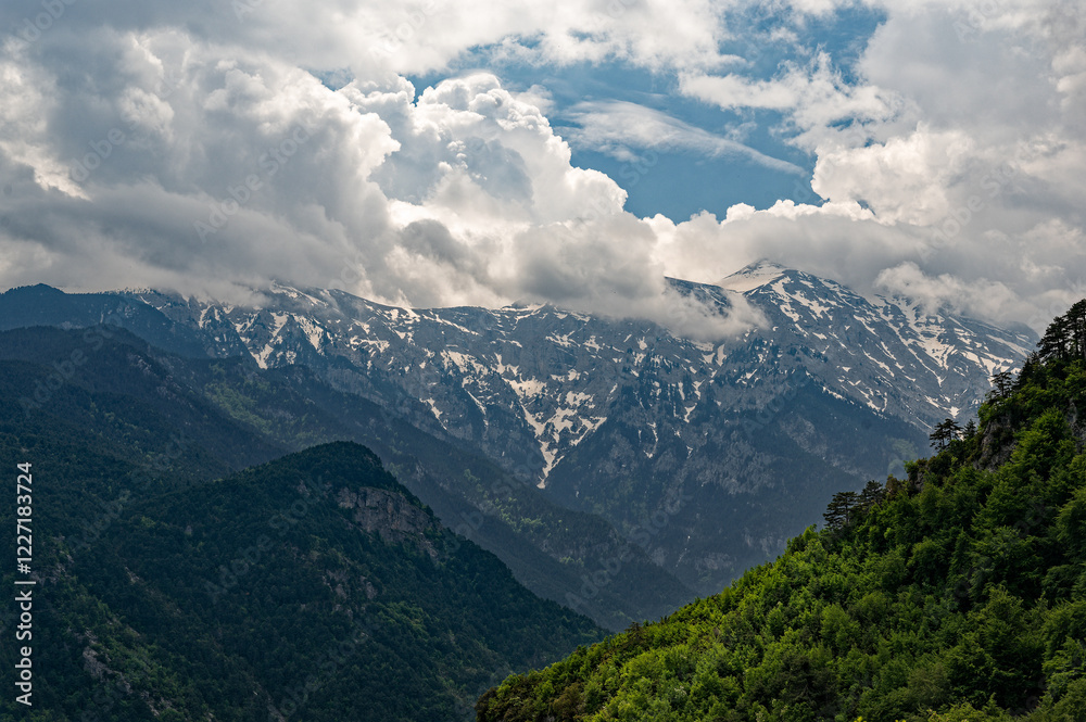 Naklejka premium Landscape at the area of Mt Olympus, the highest mountain of Greece in Spring