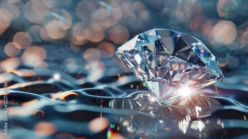 Exquisite closeup of a flawless diamond resting on a reflective surface, surrounded by a shimmering bokeh background. photo