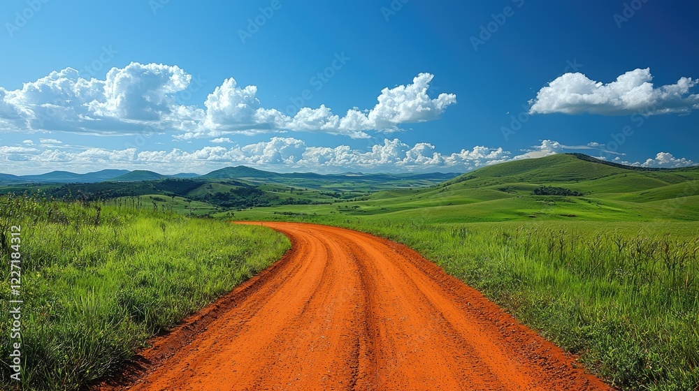 Red Dirt Road Winding Through Rolling Green Hills Under a Blue Sky Red Dirt Road Winding Through Rolling Green Hills Under a Blue Sky