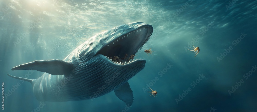 Naklejka premium Ocean whale feeding, sunlit water, small fish, underwater scene