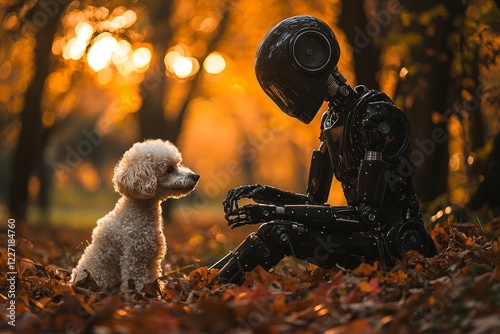 A poodle accompanies a futuristic bot with metallic joints as they stroll under streetlights photo