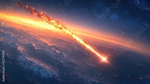 Fiery meteor streaking across planet's atmosphere.