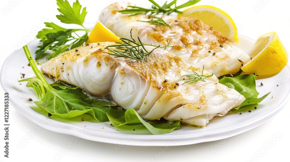 A Neatly Presented Freshly Prepared White Fish Fillet on a Crisp White Background. The pristine white fish fillet, carefully prepared A Neatly Presented Freshly Prepared White Fish Fillet on a Crisp White Background. The pristine white fish fillet, carefully prepared