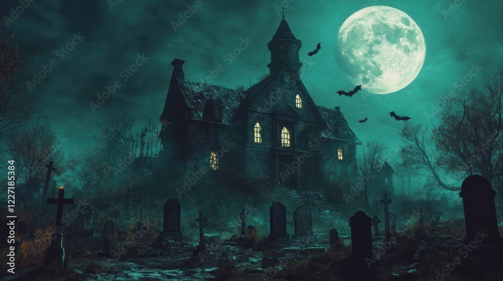 Haunted Mansion Overlooking A Moonlit Graveyard Haunted Mansion Overlooking A Moonlit Graveyard