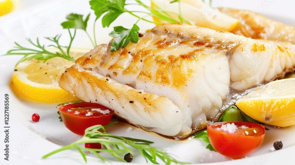 A Neatly Presented Freshly Prepared White Fish Fillet on a Crisp White Background. The pristine white fish fillet, carefully prepared A Neatly Presented Freshly Prepared White Fish Fillet on a Crisp White Background. The pristine white fish fillet, carefully prepared