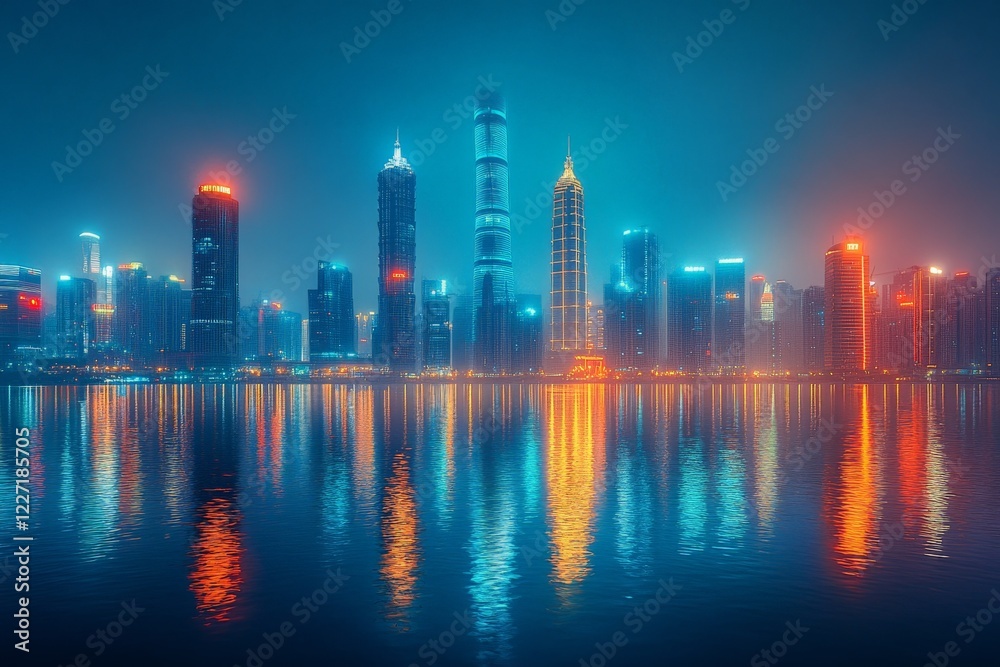Fototapeta premium City skyline illuminated by vibrant lights reflecting on the water at night