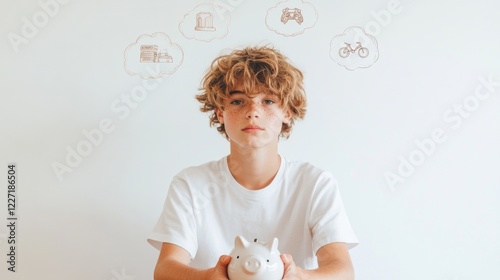 Young caucasian teen holding piggy bank contemplating future savings goals. Financial Literacy for Kids