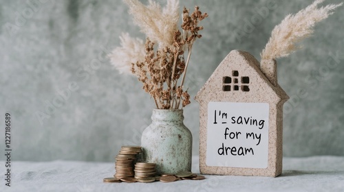 Motivational home savings concept with coins and decorative house. Financial Literacy for Kids