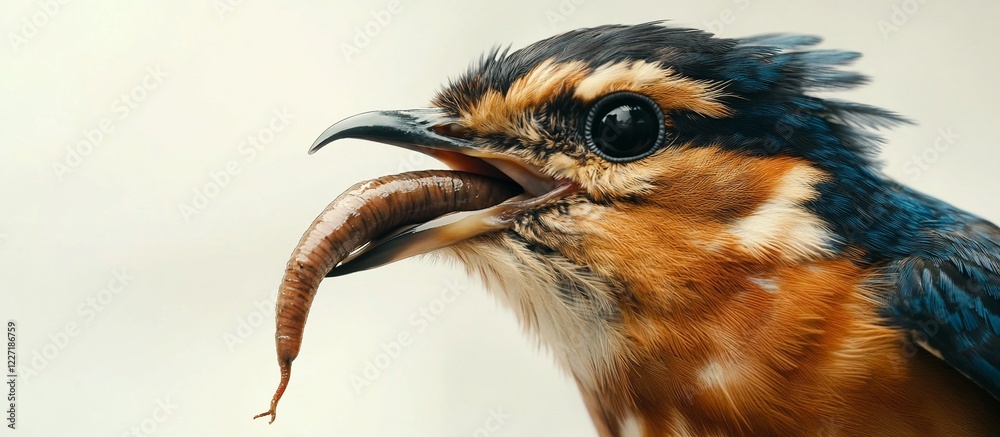 Fototapeta premium Bird eating worm, close-up, white background, nature