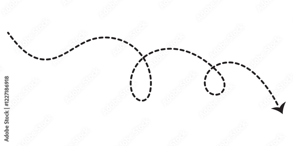 Dashed Arrows doodle dot line arrows set. Vector dots linear arrow set, dashed or dotted moving navigation directionals collection isolated on white background.  EPS 10