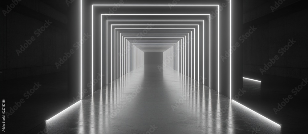 Fototapeta premium Glowing neon corridor, dark background, reflective floor, futuristic design