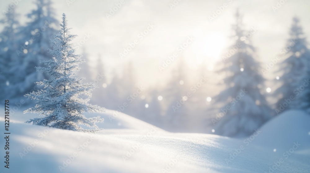Snowy winter tree, sunrise forest, snowfall, holiday card Snowy winter tree, sunrise forest, snowfall, holiday card