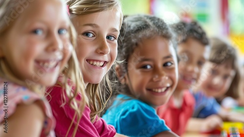 A group of cheerful children smiling at the camera, showcasing friendship and joy in a vibrant classroom setting.