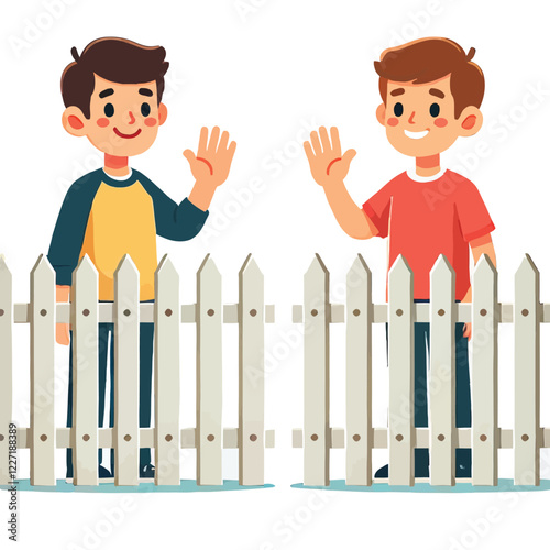 Two Happy Boys Greeting Each Other Over a White Picket Fence