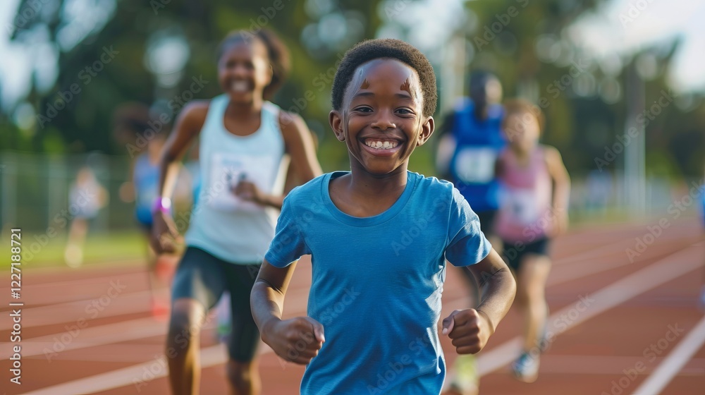 A joyful child running on a track, representing the spirit of youth and athletics in a lively environment. A joyful child running on a track, representing the spirit of youth and athletics in a lively environment.