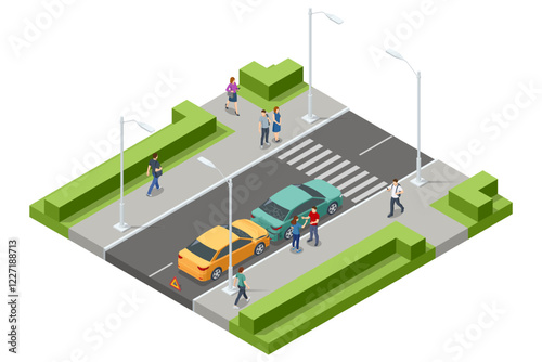 Isometric Car crash with two vehicles. Two cars crashed at an intersection with bystanders and damaged vehicles. The incident occurred in a vibrant urban environment.