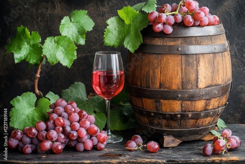 Freshly harvested grapes and wine in a rustic setting with a wooden barrel
