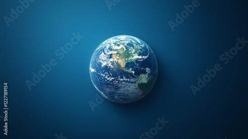 A photorealistic globe isolated on a serene blue background, highlighting the planet's beauty and fragility with its swirling clouds and diverse continents