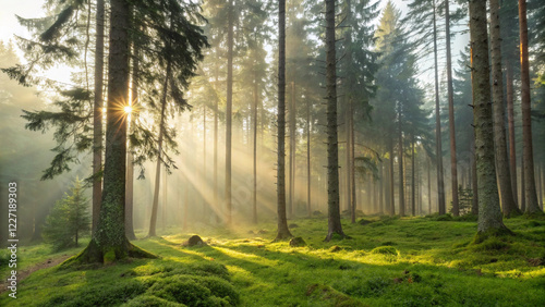 lush green forest with tall pine trees standing gracefully, as the soft sunlight filters through the branches, creating a peaceful and enchanting natural scene filled with vibrant greenery and gentle 