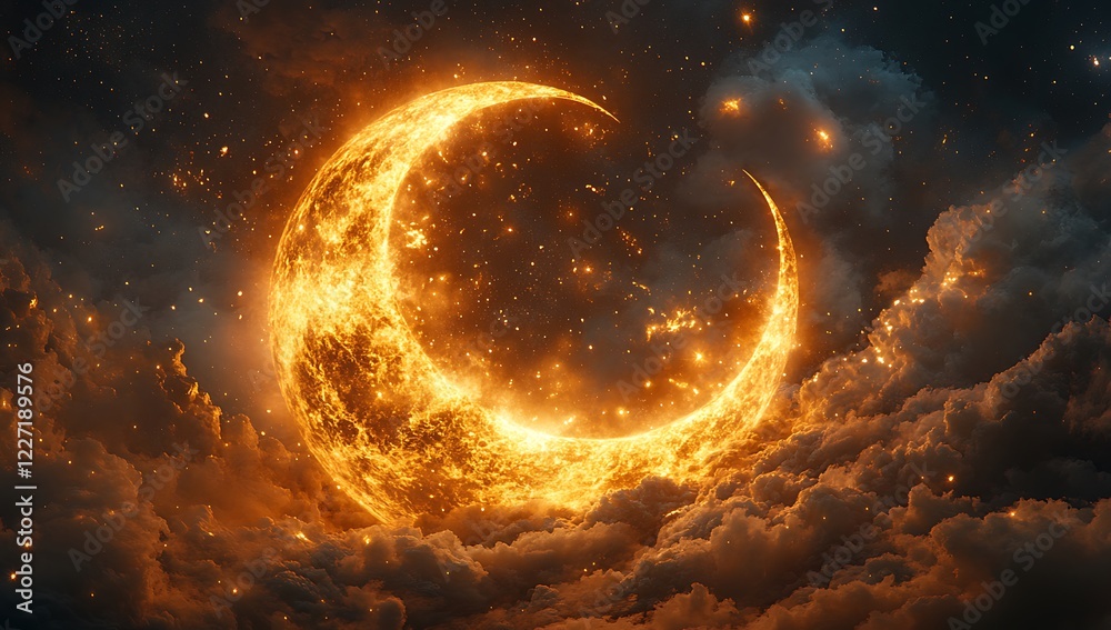 Glowing Crescent Moon Amid Starry Sky with Fiery Nebula-Like Effect

