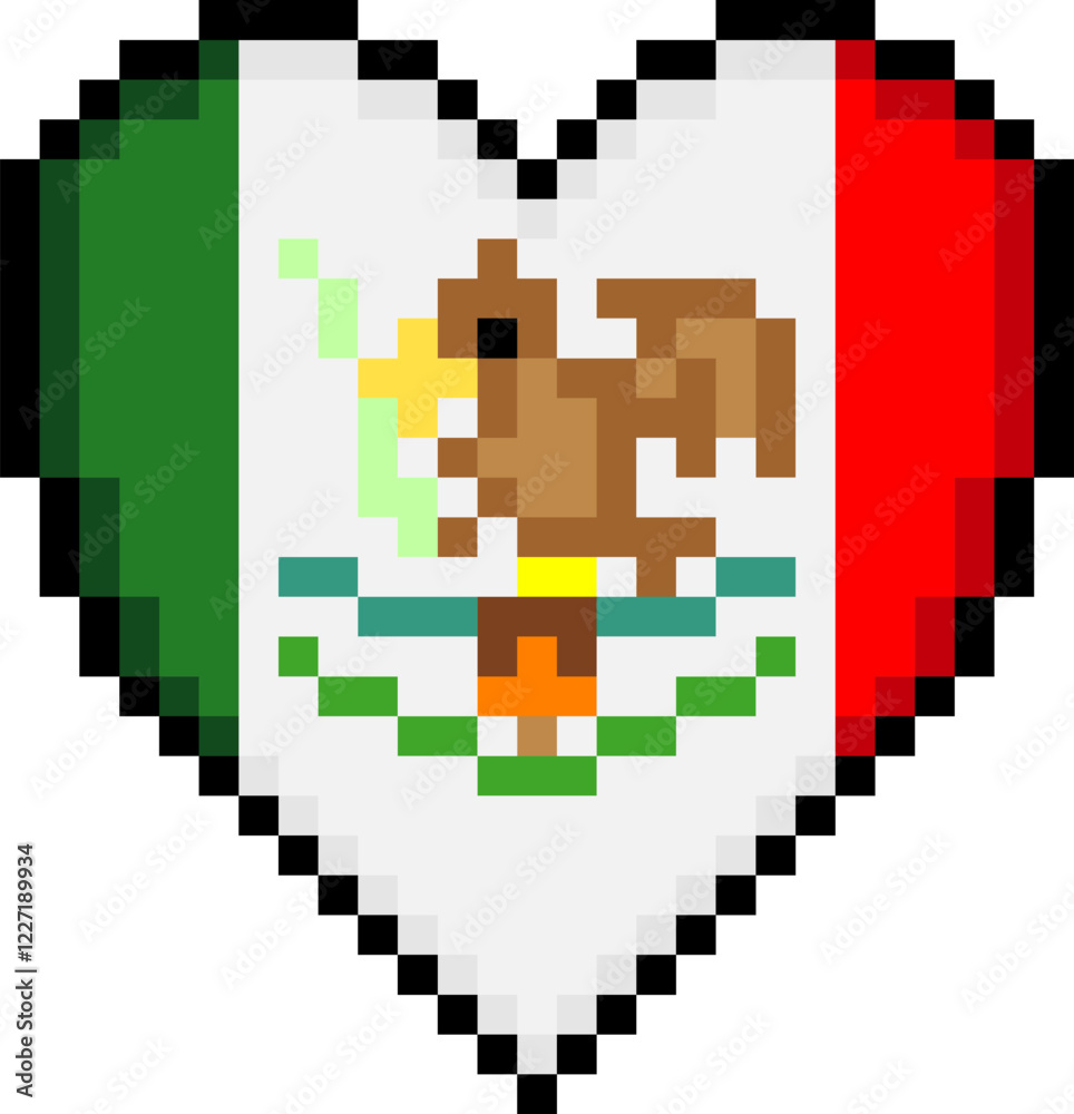 Fototapeta premium Mexican flag with heart shape in pixel art style