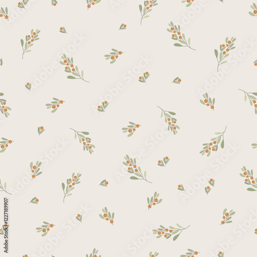 Seamless pattern with flowers. A branch with berries and leaves. Surface design for gift paper, wallpaper, web page background, greeting cards, textile.