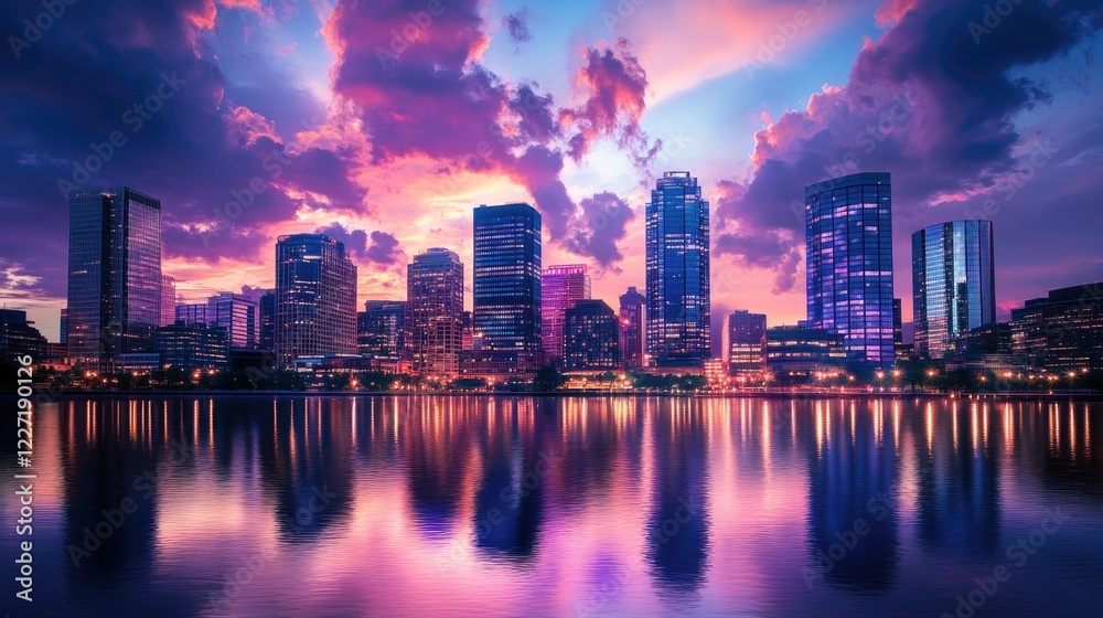 Fototapeta premium Vibrant cityscape at dusk with colorful clouds and reflections