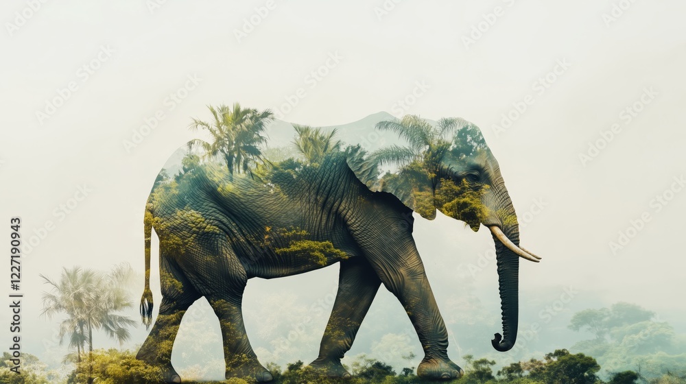 Fototapeta premium The majestic form of an elephant gracefully walks through a lush jungle, its outline merging with the vibrant greenery in a beautiful double exposure effect, celebrating wildlife.