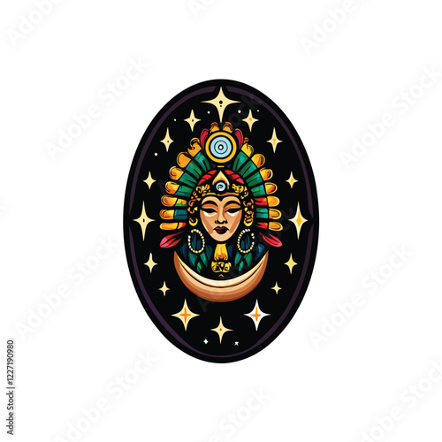 Illustrate a majestic Aztec moon goddess, Coyolxauhqui, adorned with celestial symbols, encircled by glittering stars and a crescent moon. photo