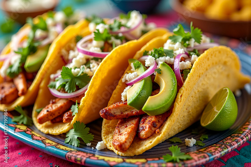 Grilled Chicken Tacos with Avocado, Red Onion, and Cheese on Corn Tortillas with Cilantro and Lime photo