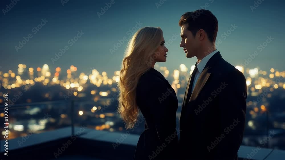 Intimate moment between elegant couple on rooftop at dusk. Romantic silhouette against blurred city lights. Woman with long blonde hair and man in suit about to kiss. Urban love story. Intimate moment between elegant couple on rooftop at dusk. Romantic silhouette against blurred city lights. Woman with long blonde hair and man in suit about to kiss. Urban love story.