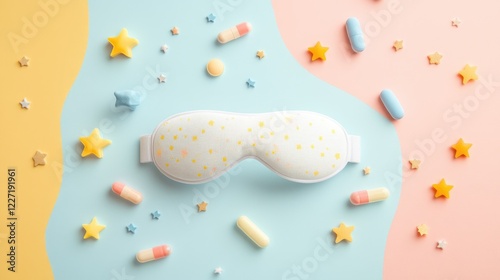 Sleep mask with stars and pills on colorful background. Flatley, top view. World Sleep Day photo