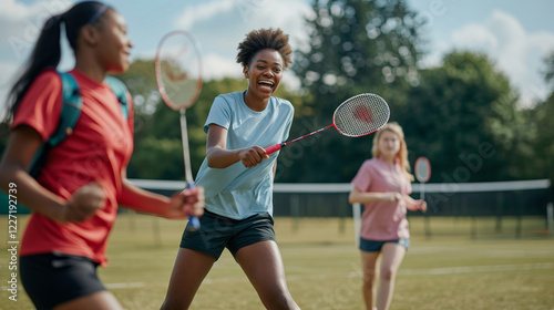 Three enthusiastic girls enjoy a game of badminton outdoors on a sunny day, showcasing teamwork and friendship.