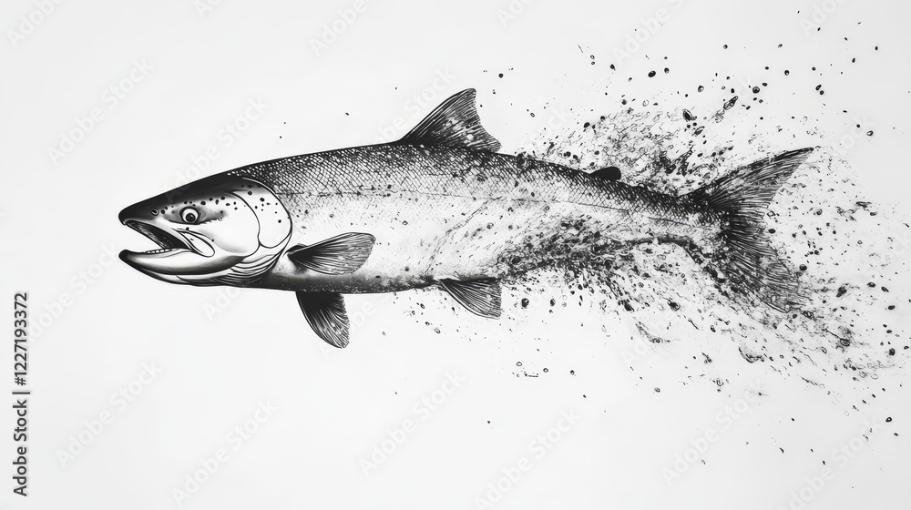Obraz premium realistic black and white vector artwork of a jumping salmon with textured details, showcasing aquatic life in dynamic motion with splashes of water.