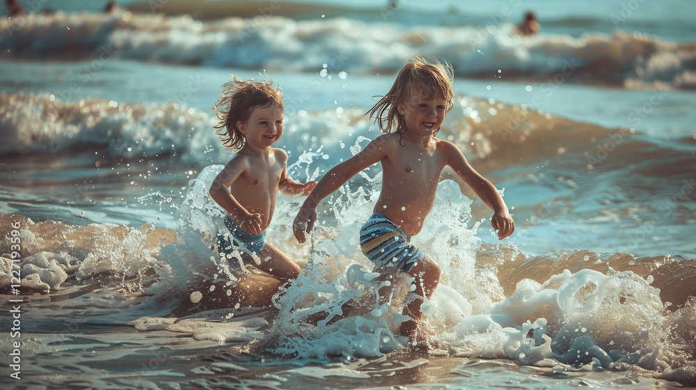 Fototapeta premium Two joyful children play in the ocean waves, capturing the essence of summer fun and carefree moments at the beach.