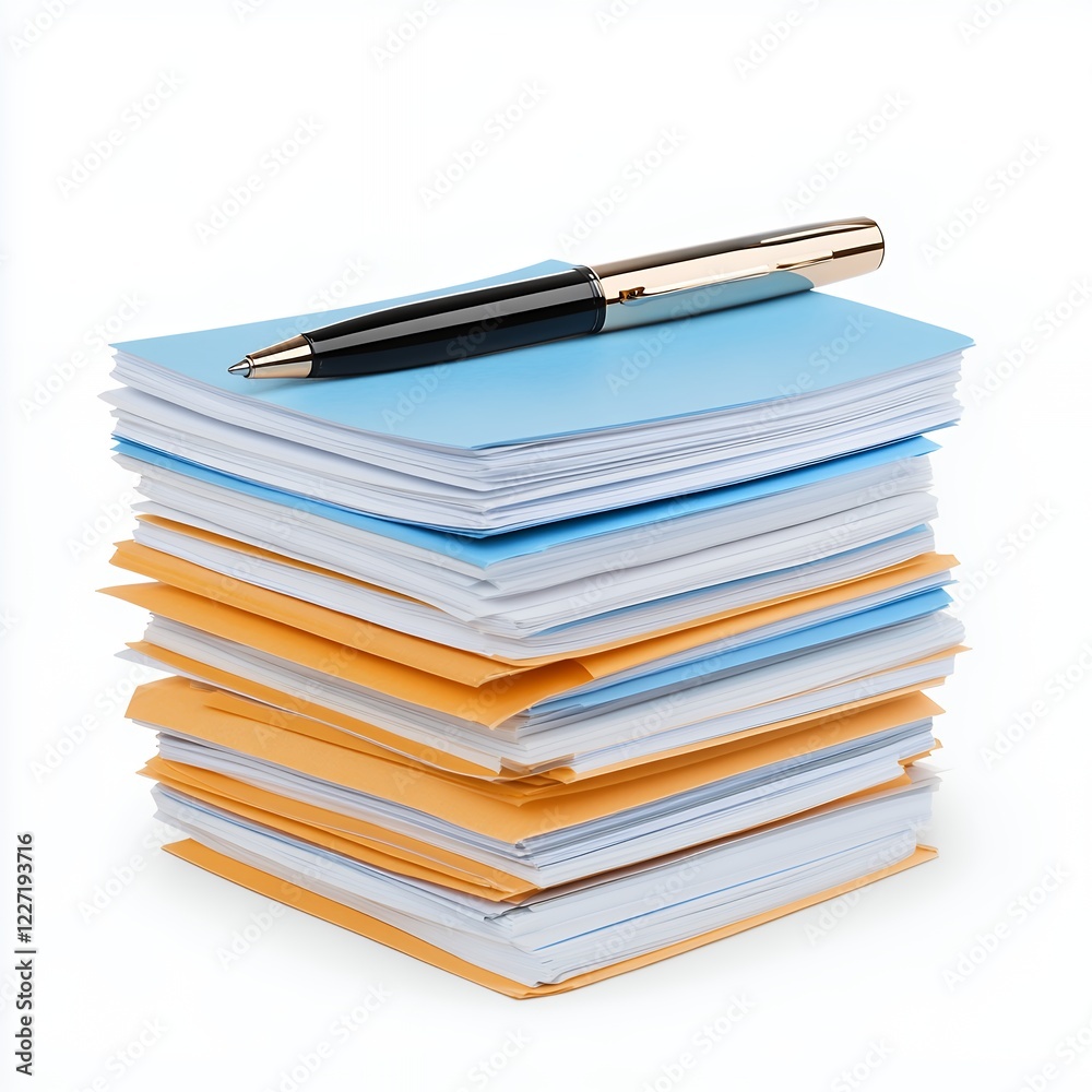 Organized Stack of Documents with Pen on Top: Office Workspace Still Life