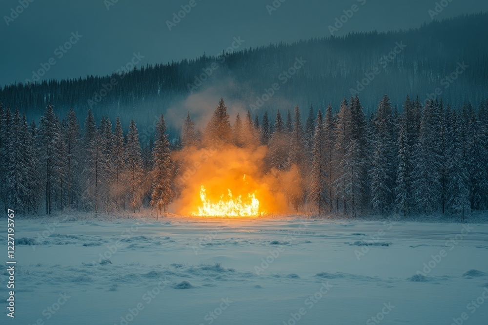 Fototapeta premium Fire erupting in snowy landscape surrounded by trees during early evening hours