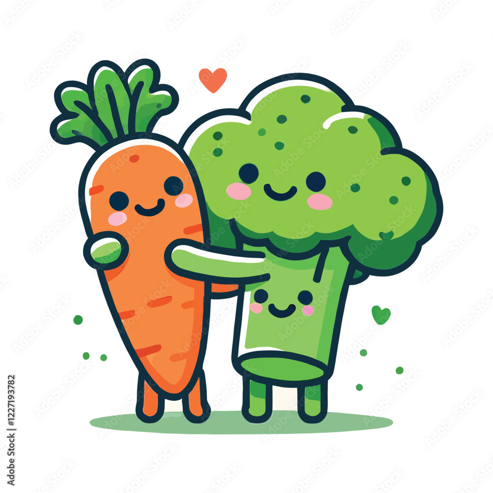 Fototapeta premium Adorable Cartoon Carrot and Broccoli Friends