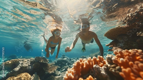 Two people swimming underwater, exploring vibrant coral reefs in a clear ocean, enjoying a beautiful day in nature.