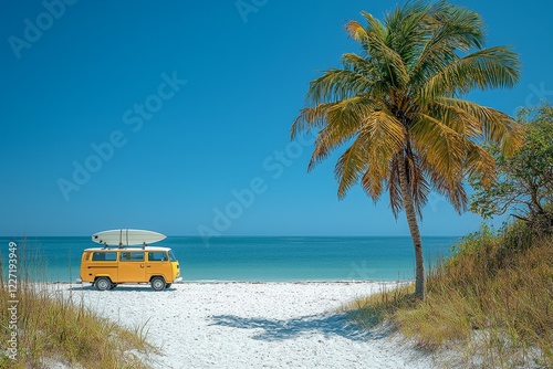 On a tropical beach, a vintage car is stationed with a surfboard atop, capturing the essence of a relaxed summer getaway with a vintage color scheme