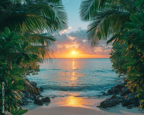 The beautiful scene includes a palm tree and a tropical beach in Punta Cana, Dominican Republic