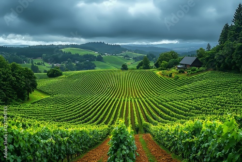 The golden light of sunset illuminates a landscape of vineyards contrasted with lush, green forest in Oregon's Willamette Valley wine country