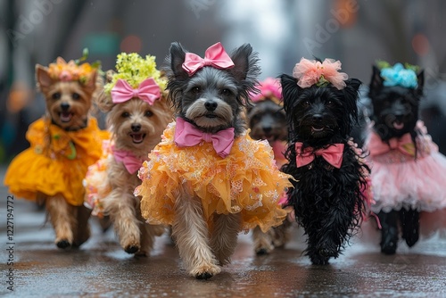During a fashion show, multiple dogs in fashionable outfits confidently saunter down the runway. Their vibrant costumes and playful expressions lend energy and charm to the event